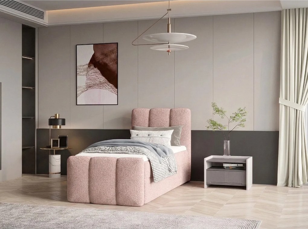 Stylowe łóżko tapicerowane KORA 90x200 cm w tkaninie CENTAUR 5 różowej