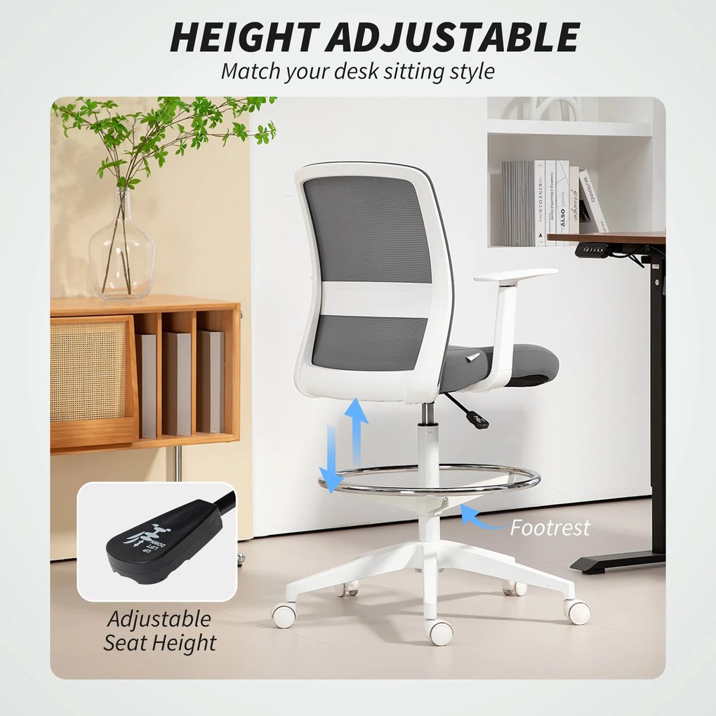 HOMCOM Krzesło biurowe, obrotowe, na kółkach, z oparciem z siatki, poduszką piankową, Szare