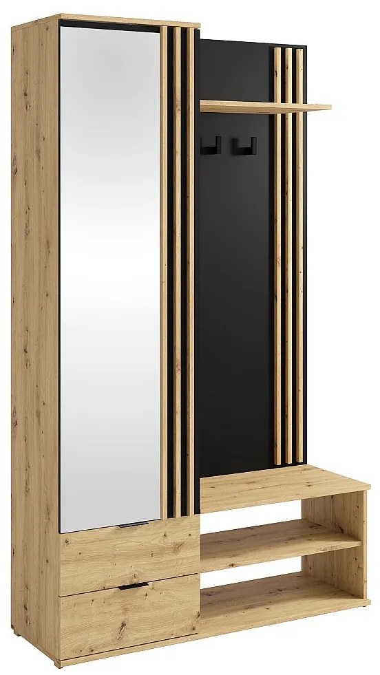 Garderoba z lustrem i schowkami - Naturalny i Czarny - JANAKIA