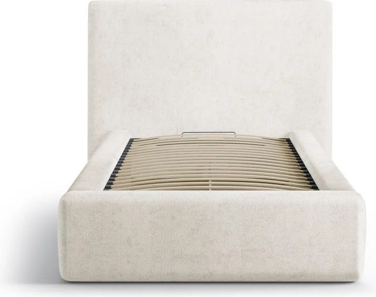 Kremowe tapicerowane łóżko jednoosobowe ze schowkiem i stelażem 90x200 cm Amy – Micadoni
