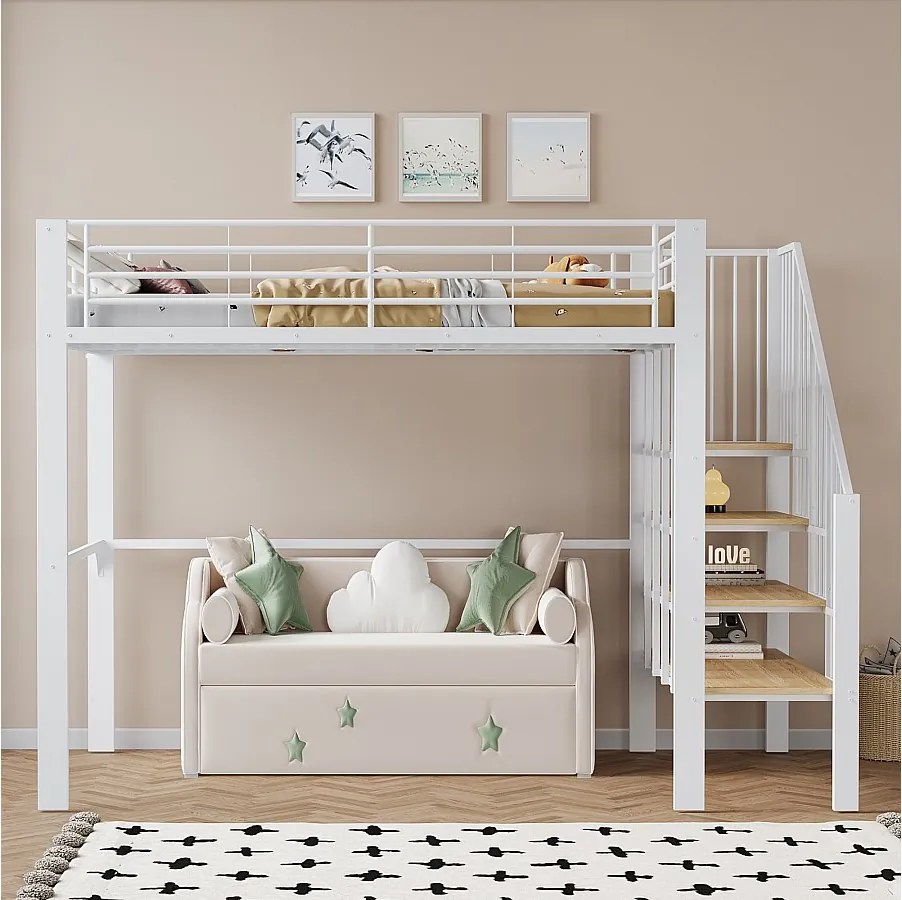 Solidne metalowe łóżko piętrowe (140x200 cm) z dużą ilością miejsca do przechowywania i schodami, idealne dla dzieci i dorosłych, łóżko oszczędzające miejsce