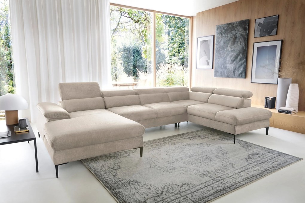 Masseno Narożnik MESTO z funkcją spania i pojemnikiem na pościel Narozniki U, Rozkładana sofa - Kremowy, VOGUE 01