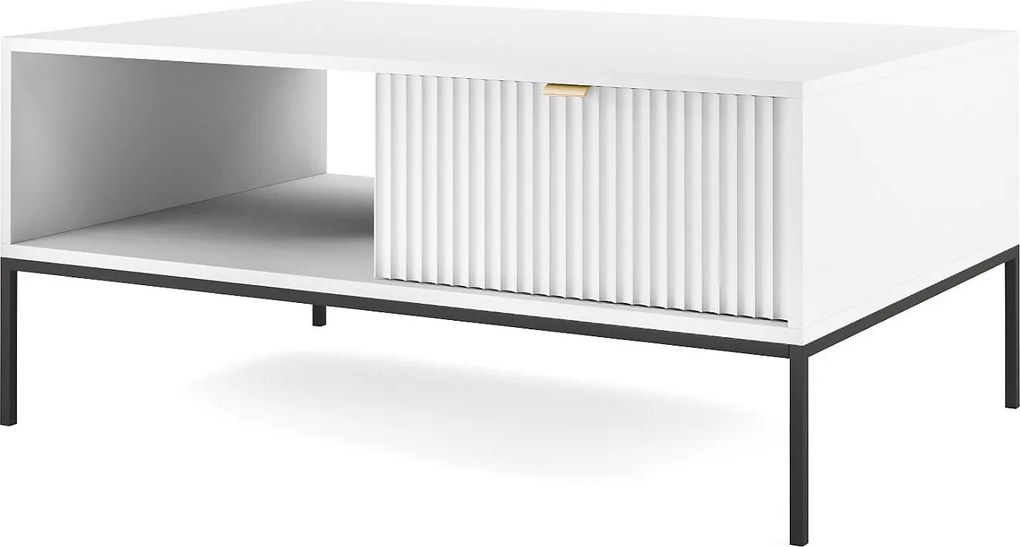 Stolik Kawowy Elegancki DomoHome NOVA – Z akcentem złotym, nowoczesna szuflada MDF, czarne metalowe nogi, minimalistyczny design, Biały, 104x104x46cm