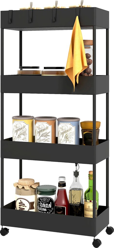 HOMCOM Wózek kuchenny z 4 półkami, 4 elastycznymi hakami, 4 kółkami, 40 cm x 19 cm x 90 cm, Wózek do niewielkich przestrzeni, Czarny