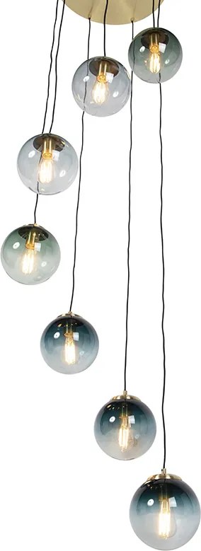 Lampa wisząca w stylu art deco mosiądz z niebieskim szkłem 7-światłowa - Pallon