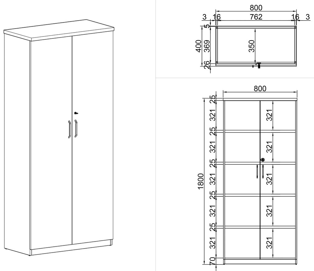 Szafa biurowa MIRELLI A+, 800 x 400 x 1800 mm, biały