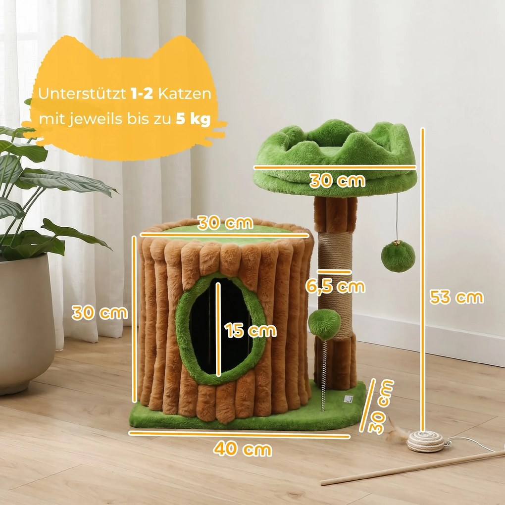 PawHut Drapak wys. 53 cm drzewo dla kota z kryjówką, wzór pnia, słupki z juty, 2 piłeczki dla 1-2 kotów poniżej 5 kg, Brązowy+Zielony | Aosom PL