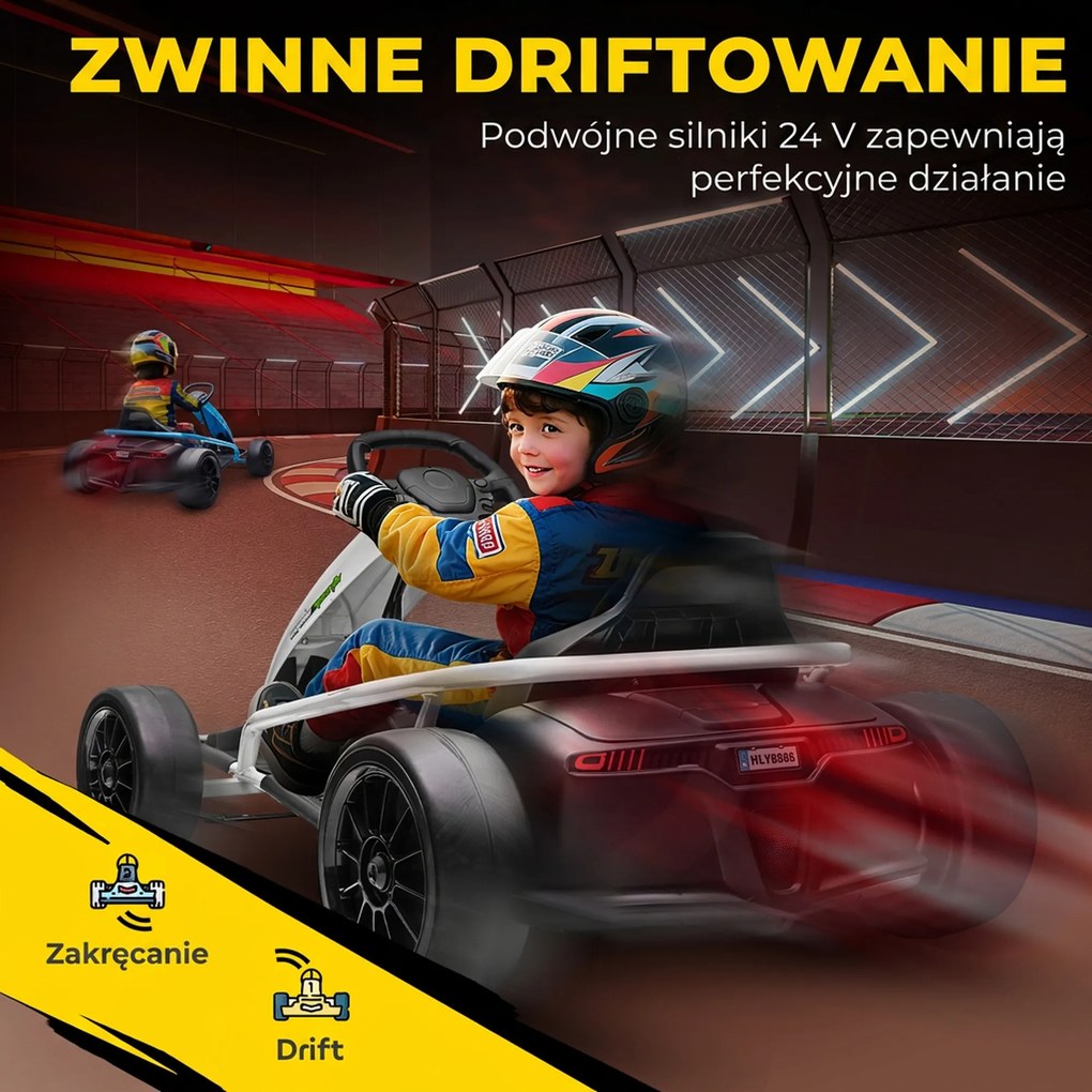 HOMCOM 24 V elektryczny gokart dla dzieci do 13 km/h z funkcją driftu, drift-kart z 2 silnikami dla 8-12 lat, biały | Aosom PL