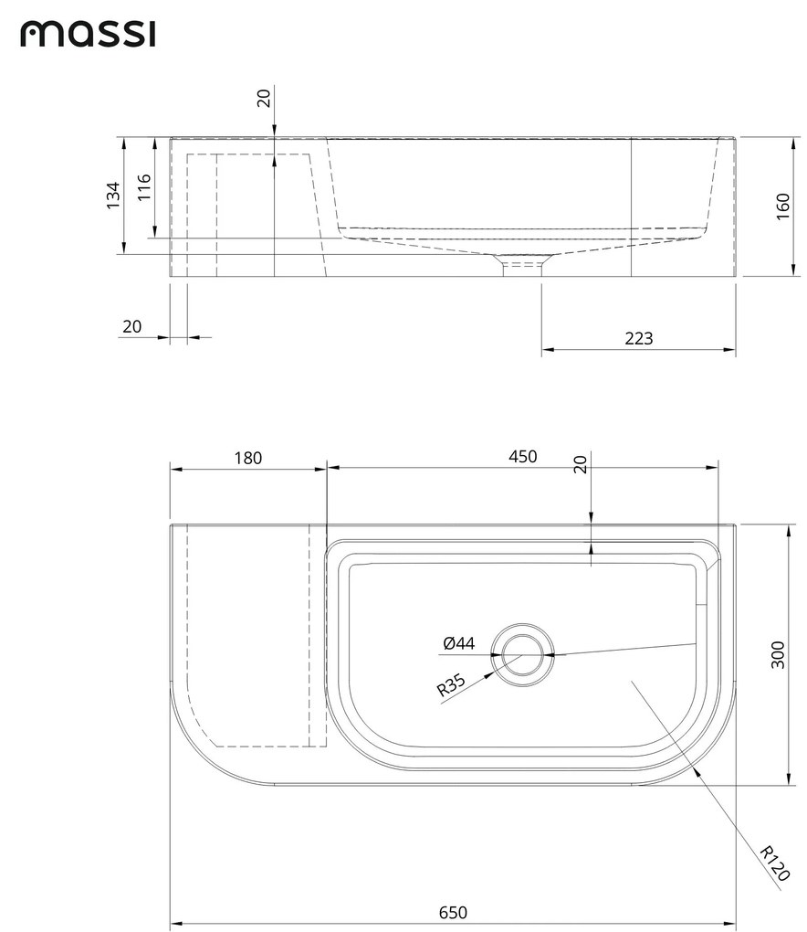 Umywalka betonowa wisząca / nablatowa półokrągła z półką bez otworu na baterię 65 x 30 cm LARMO | różne kolory : Kolor - Cappuccino, Typ montażu - podwieszana