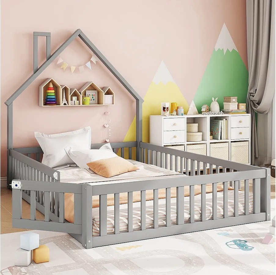 Łóżko kabinowe 140x190 cm - Łóżko dziecięce z drewnianym stelażem - szare - bez materaca