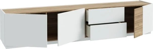 Stojący stolik RTV Lewisville 141 z 3 szafkami i 2 szufladami, Secret Grey/dąb Valencia