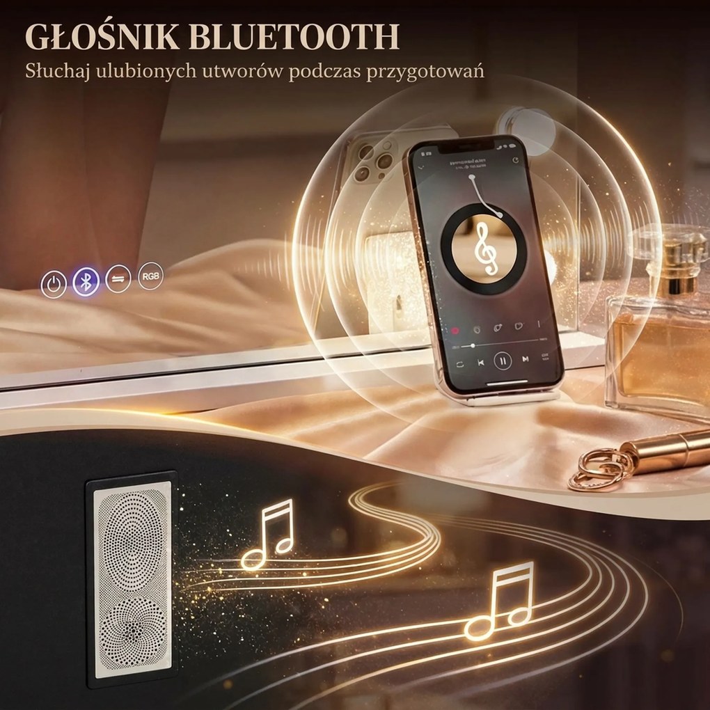 HOMCOM Hollywoodzkie lustro do makijażu z 18 regulowanymi żarówkami LED, 3 kolory, światło RGB, głośnik Bluetooth, 10-krotne powiększenie Białe | Aosom PL