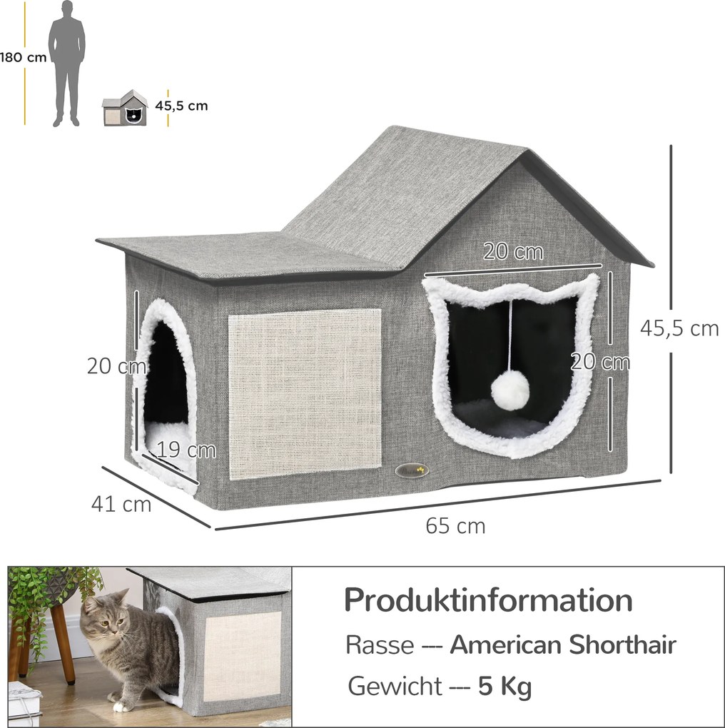 PawHut Domek dla kotów z drapakiem Podwójne drzwi Piłka do gry Poliester | Aosom PL