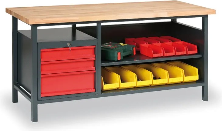 Warsztatowy stół roboczy GD, bukowa deska warstwowa, 3 szuflady, 1 półka, 1700 x 685 x 850 mm, grafitowy / czerwony