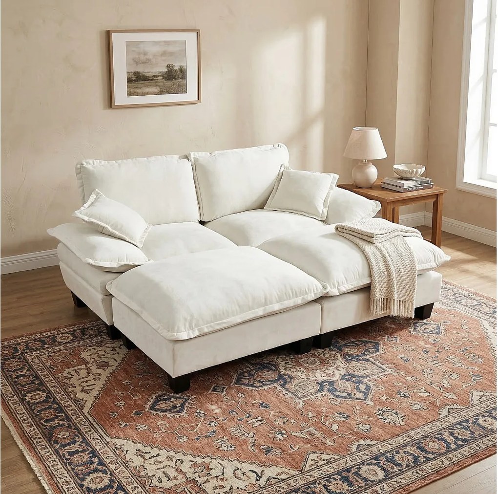 2-osobowa sofa modułowa z 2 zdejmowanymi podnóżkami i 2 poduszkami, z beżowej tkaniny szenilowej