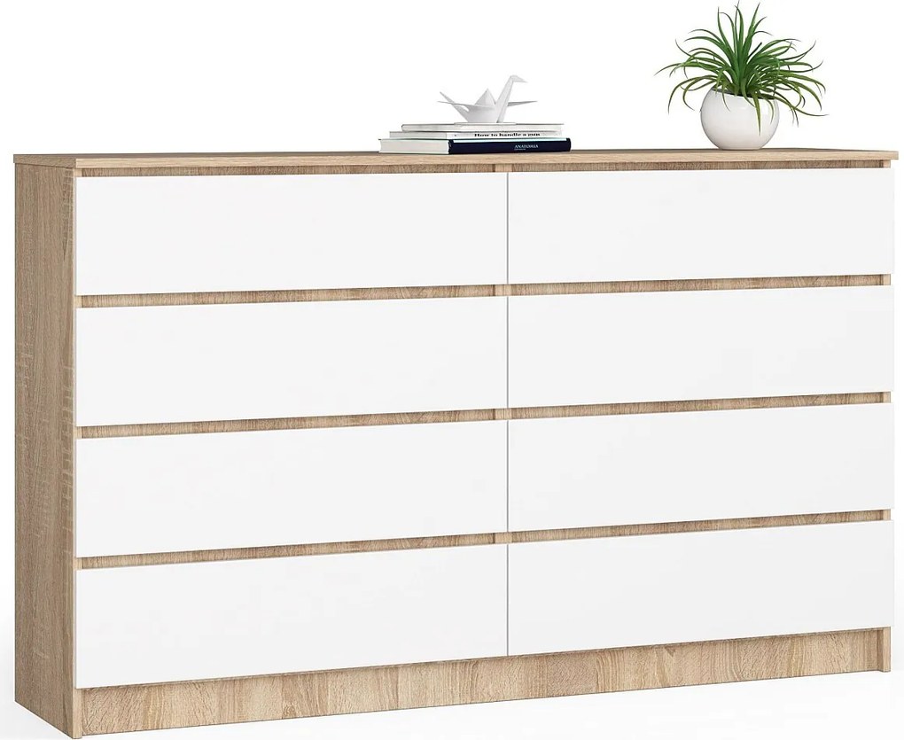 Komoda AKORD K160 Dąb Sonoma 160 cm 8 szuflad kolor Biały mat 160x40x99 cm
