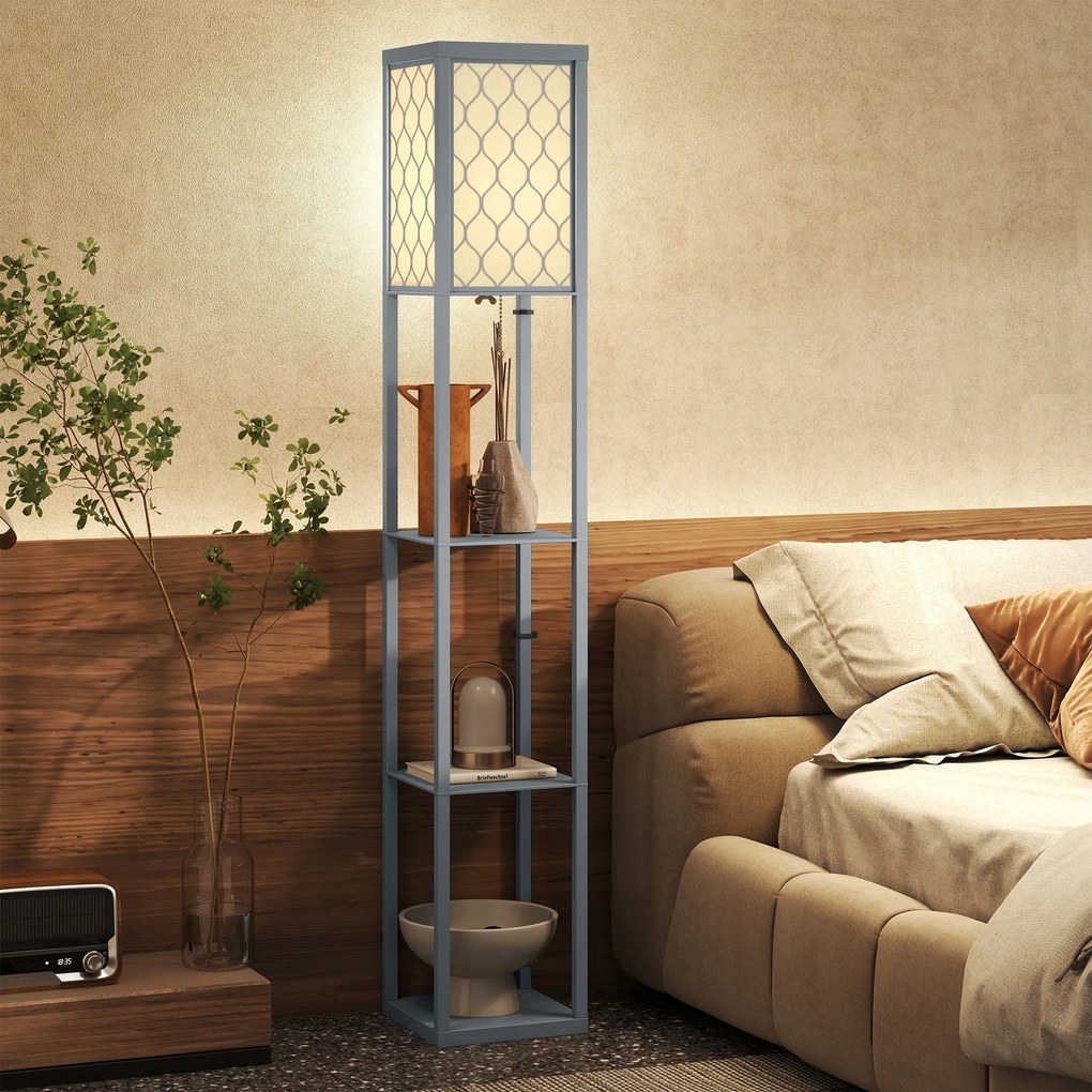 HOMCOM Lampa stojąca z półką, 3 półki, kompaktowe wymiary, MDF, Jasnoszary