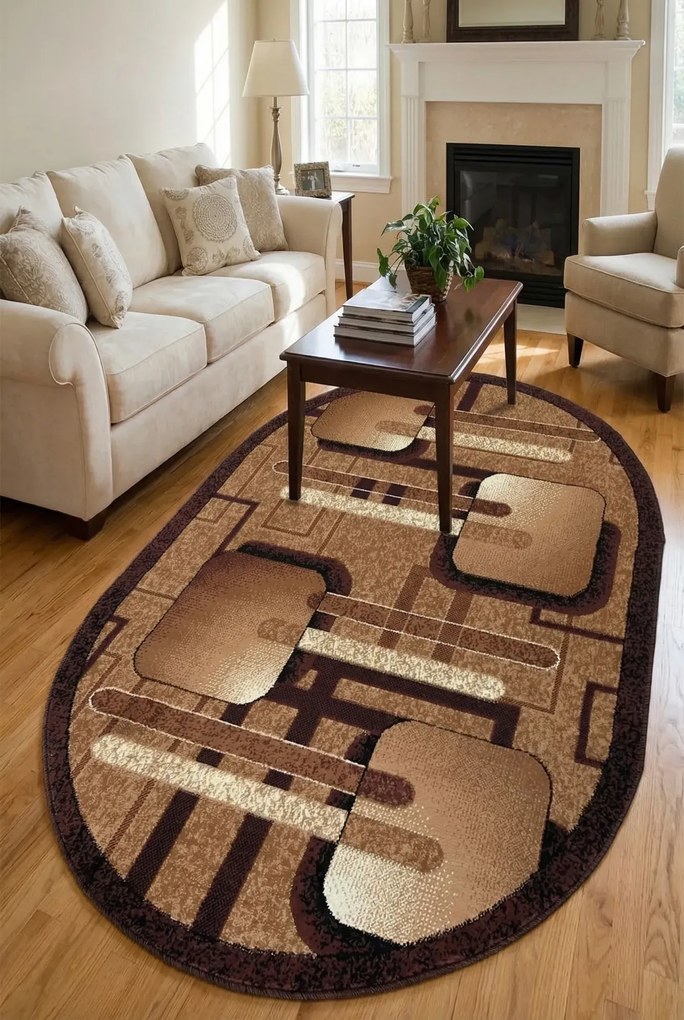 Brązowy owalny dywan z wzorami R0-T03