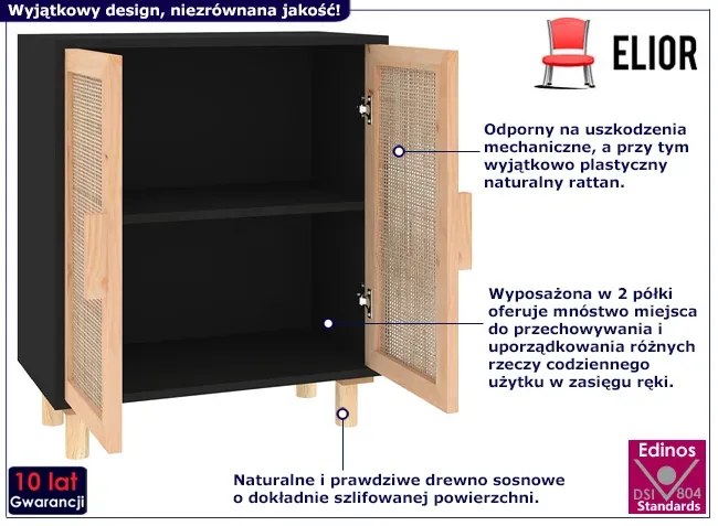 Czarna komoda z frontami z prawdziwego rattanu N2-S36