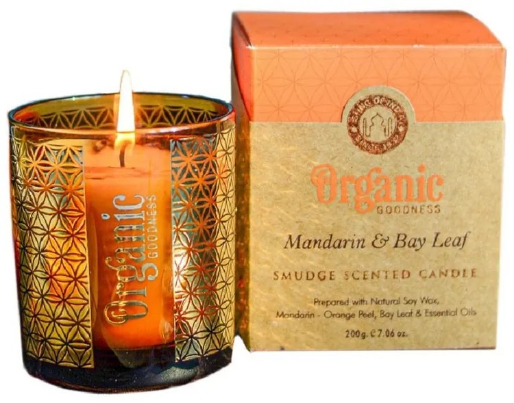 Organiczna świeca kadzidlana Mandarin &amp; BayLeaf 200 g w szklanym słoiczku ze złotą folią