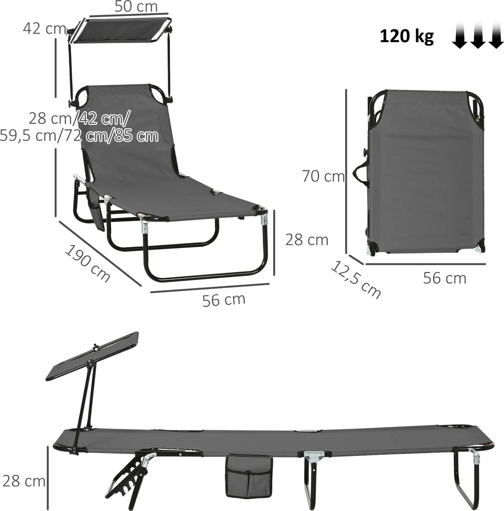 Outsunny Zestaw 2 składanych leżaków ogrodowych z 5-stopniową regulacją oparcia i daszkiem przeciwsłonecznym, w kolorze ciemnoszarym | Aosom PL