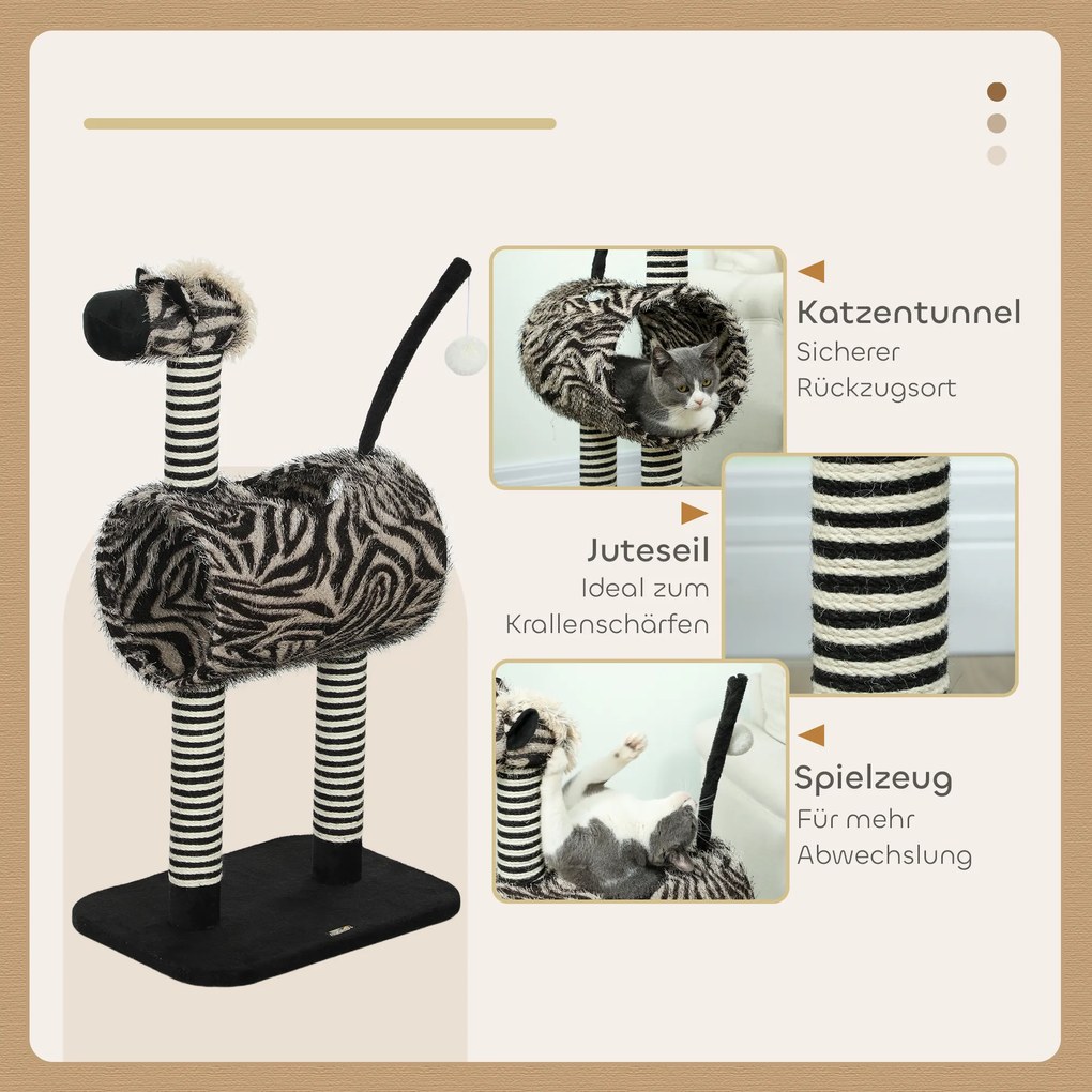 PawHut Drapak Zebra Design Tunelem 3 Poziomy Czarno Biały Stylowy i Funkcjonalny 485x35x93cm | Aosom PL