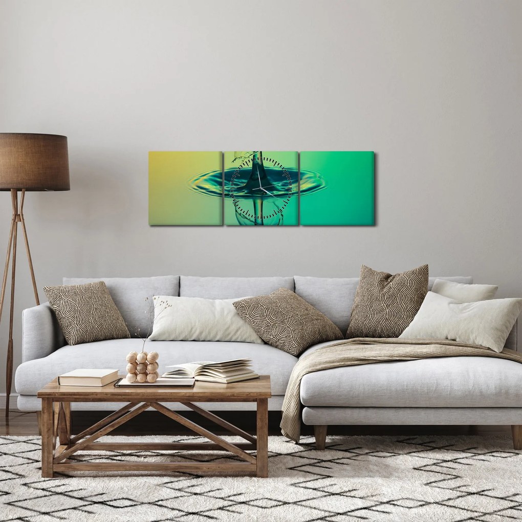 Obraz kropli wody (z zegarem) (90x30 cm)