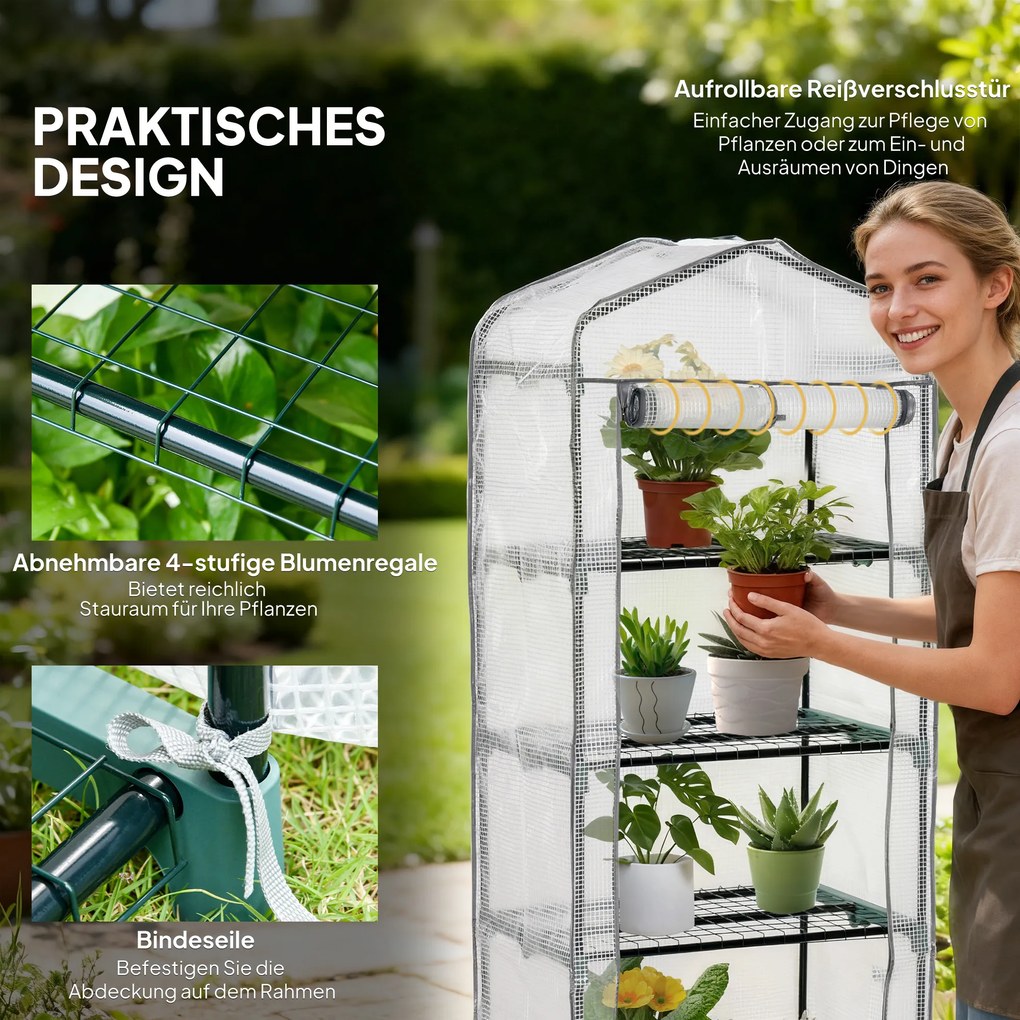 Outsunny Szklarnia foliowa, cieplarnia, mini-szklarnia, dom roślin, rozsadnik, 4 półki, 70 x 50 x 160 cm, Biały | Aosom PL