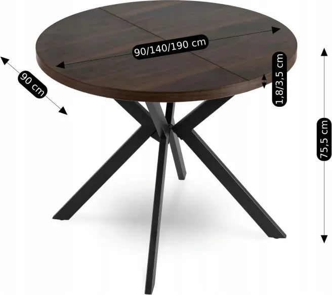 Stół Okrągły Rozkładany LUGO 90-190 cm Orzech/Czarny Loft