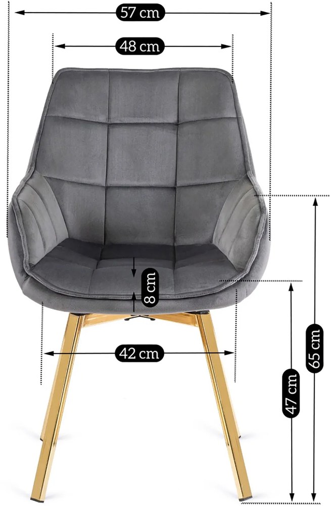 Zestaw Stół Okrągły Szklany SALLO 100 cm ze Złotymi Nogami i 4 Krzesła Tapicerowane Obrotowe do Salonu MIA Szare Welurowe