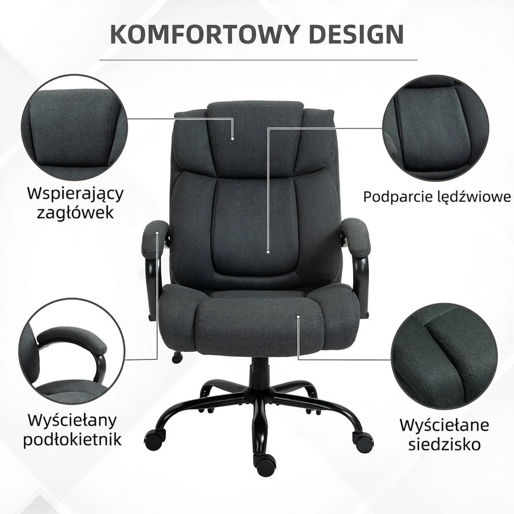 Vinsetto Fotel biurowy, Ergonomiczny fotel biurowy, Fotel obrotowy z wyściełanym podłokietnikiem, do 220 kg, Szary