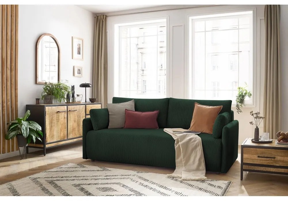 Ciemnozielona sztruksowa rozkładana sofa 211 cm Marcel – Bobochic Paris