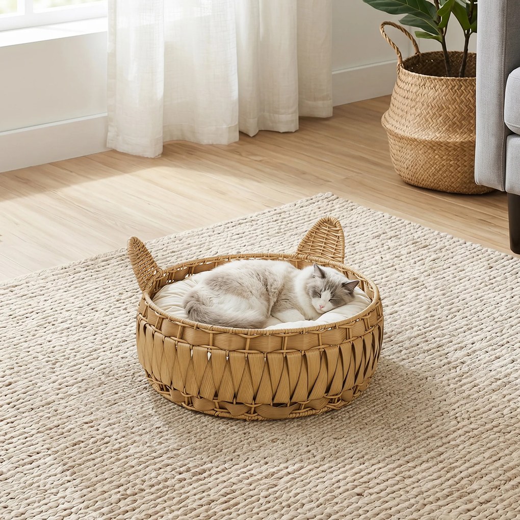 PawHut Legowisko rattanowe dla kota, jaskinia z odpinaną poduszką, kosz dla kotów do 10 kg, 50 x 50 x 25 cm, jasnobrązowy | Aosom PL