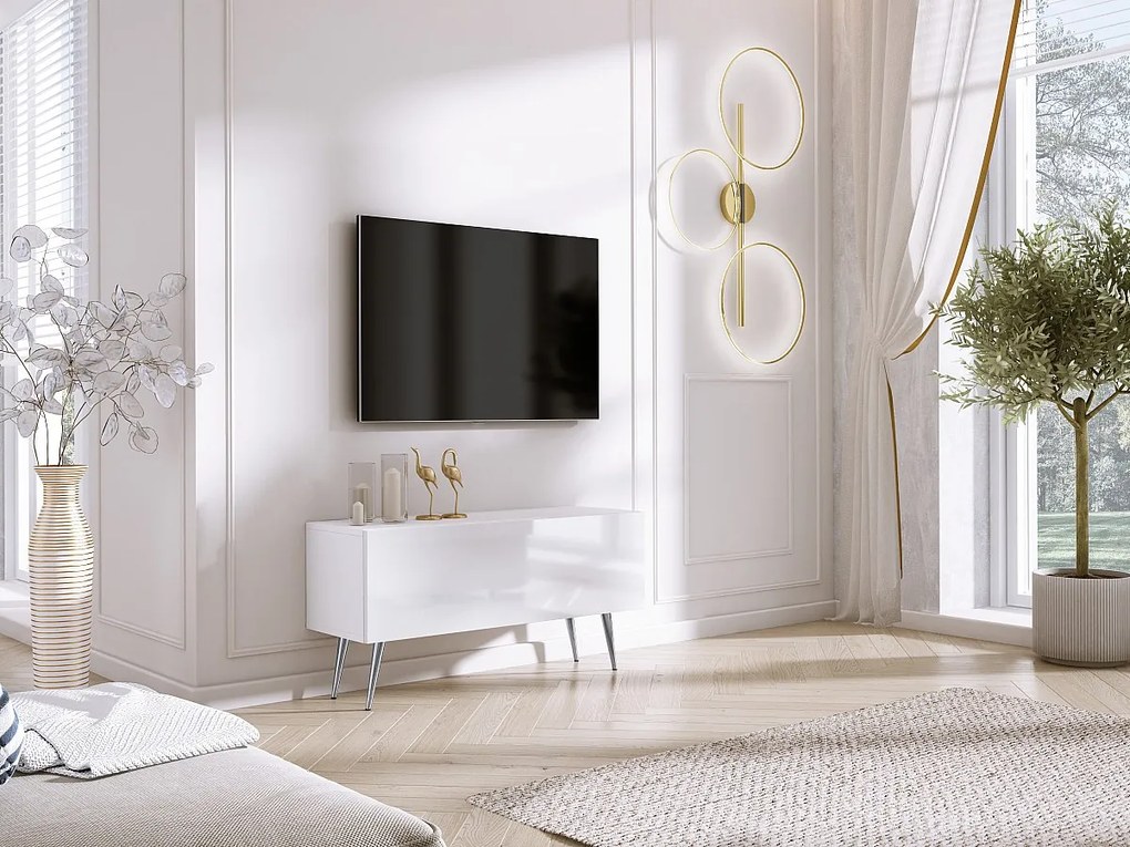 Szafka RTV, Biały Matowy / Biały Błyszczący, Nogi Chromowane, 100 x 52 x 32 cm