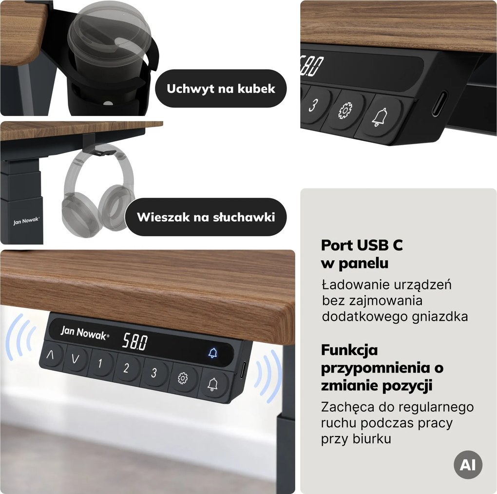 Biurko elektryczne z regulacją wysokości ergonomiczne antracytowe/orzech,1400x700 mm: ARIA