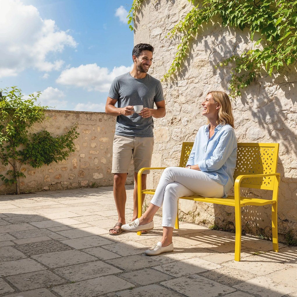 Outsunny Ławka ogrodowa 2-osobowa metalowa odporna na warunki atmosferyczne z odpornym na rdzę oparciem, geometryczna do 240 kg | Aosom PL