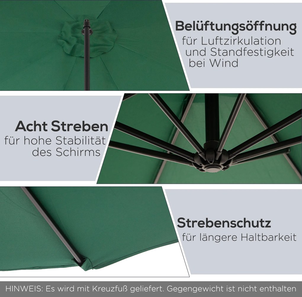 Outsunny parasol przeciwsłoneczny na wysięgniku z korbką ręczną odpinany zielony ochrona UV | Aosom PL