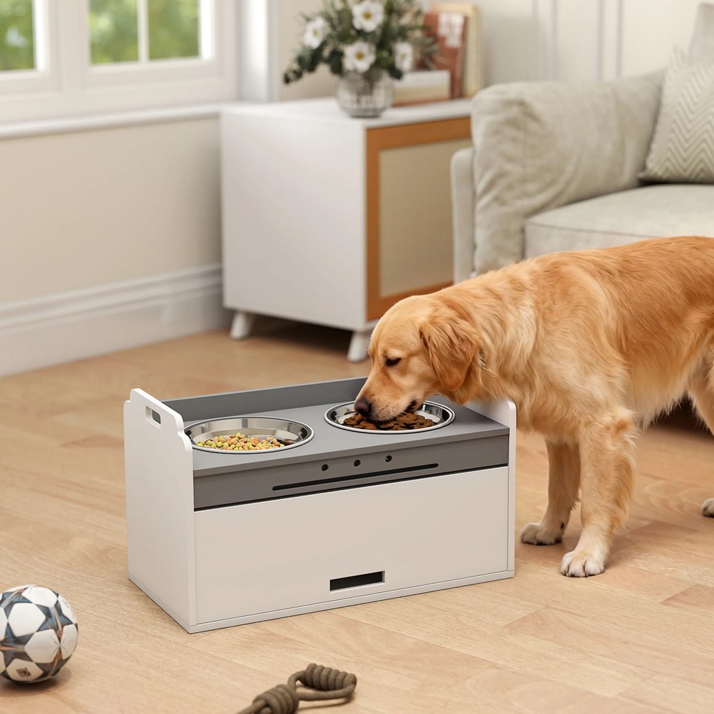 PawHut Podwyższana miska z szafką do przechowywania, 2 miski z pierścieniami antypoślizgowymi, 60 x 30 x 35,5 cm, Biały | Aosom PL