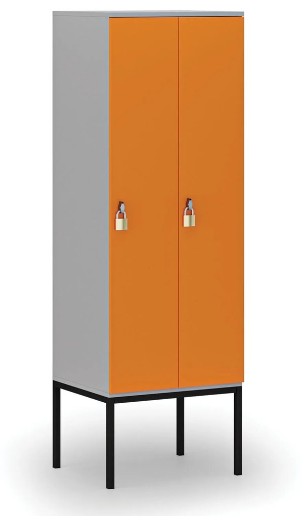 Drewniana szafa ubraniowa z podstawą, 2-drzwiowa, 1871 x 600 x 500 mm, zamek obrotowy, szary/pomarańczowy