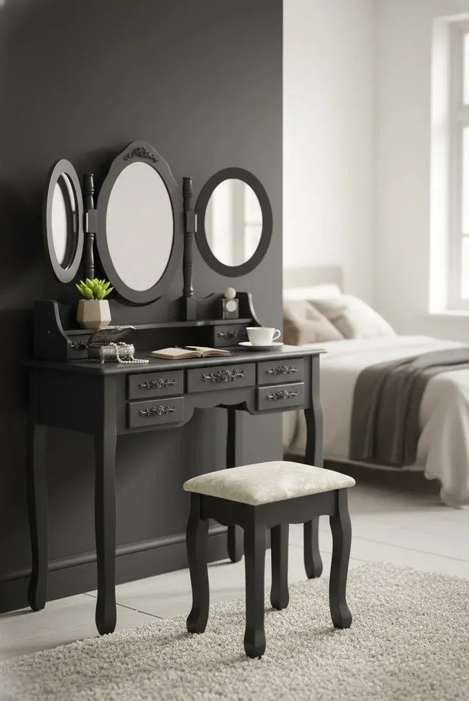 Szara toaletka z potrójnym lustrem i tapicerowanym stołkiem A6-C08