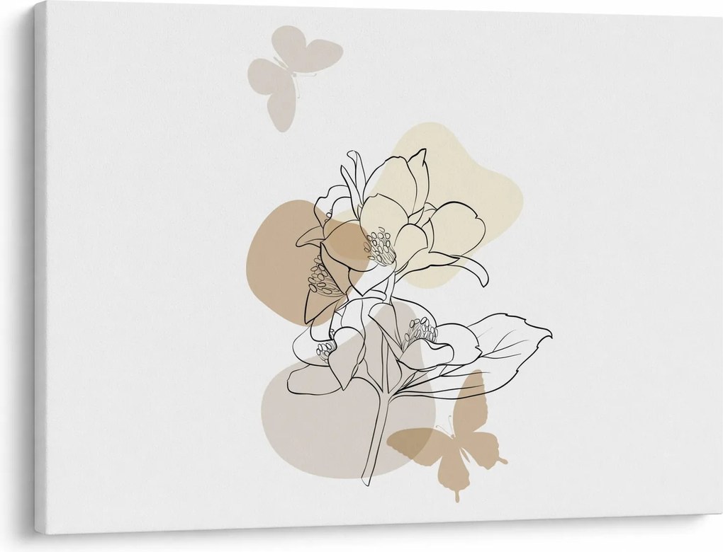 Obraz - Beżowe kwiaty z motylem N⁰1 (70x50 cm)