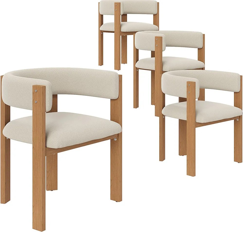 Zestaw 4 pikowanych krzeseł jadalnianych - z tkaniny flanelowej - nogi żelazne w wyglądzie drewna - beżowy + Naturalny