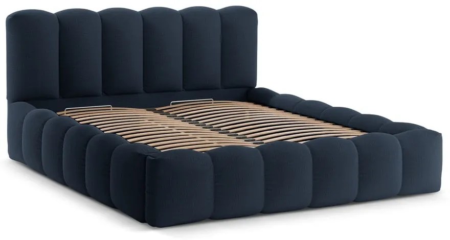 Ciemnoniebieskie tapicerowane łóżko dwuosobowe ze schowkiem i stelażem 200x200 cm Lupine – Micadoni