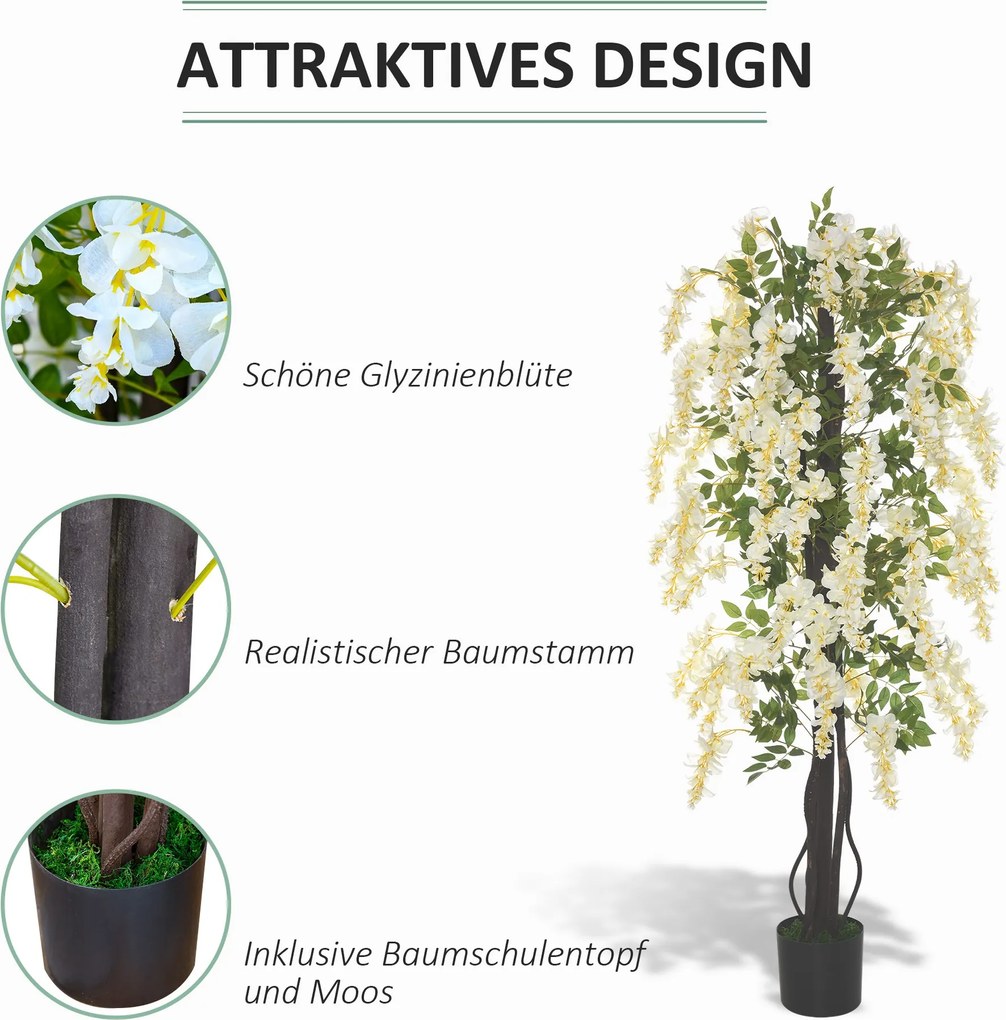 Sztuczna Glicynia Biała i Zielona Drzewko Dekoracyjne do Wnętrz 120cm | Aosom PL