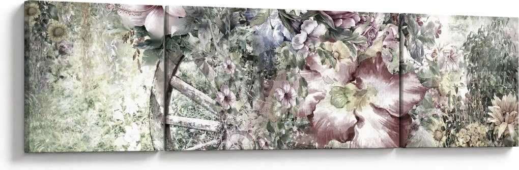 Obraz kwiatów na drewnianym kole (170x50 cm)