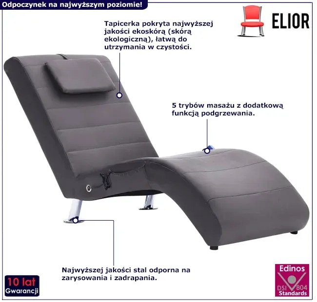 Masujący fotel typu szezlong z szarej ekoskóry E1-D47