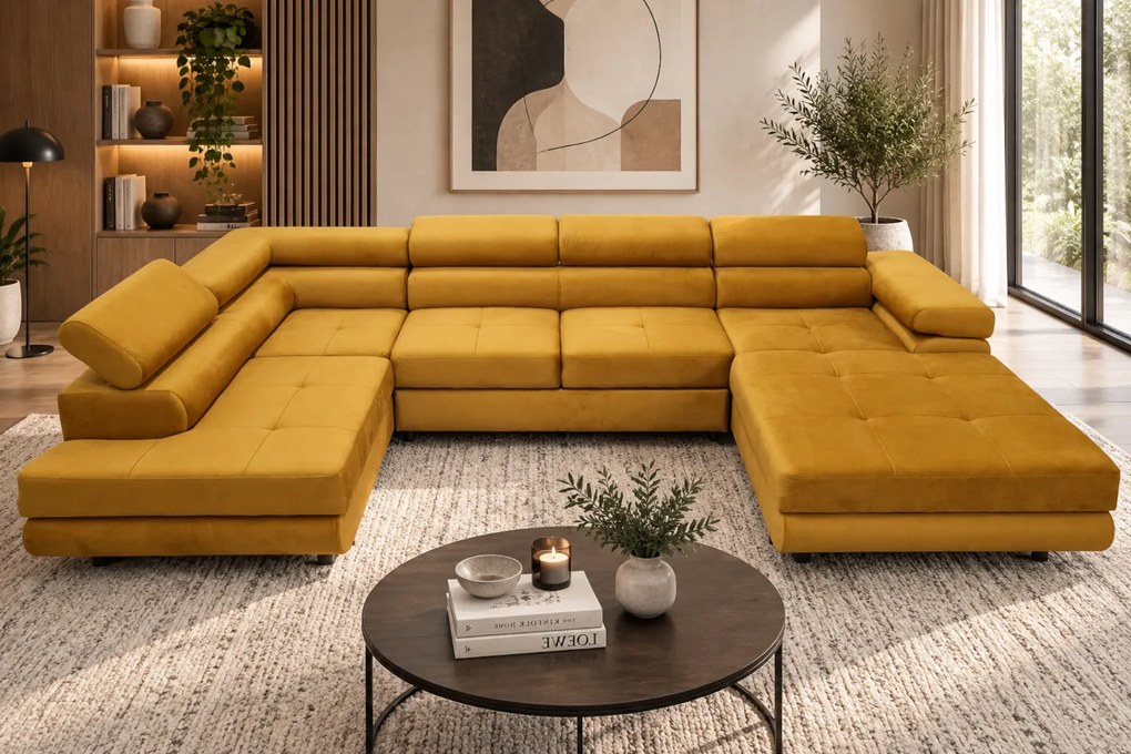 Duża sofa narożna z regulowanymi zagłówkami i pojemnikiem na pościel, złoty/musztardowy, Aspen U, lewy