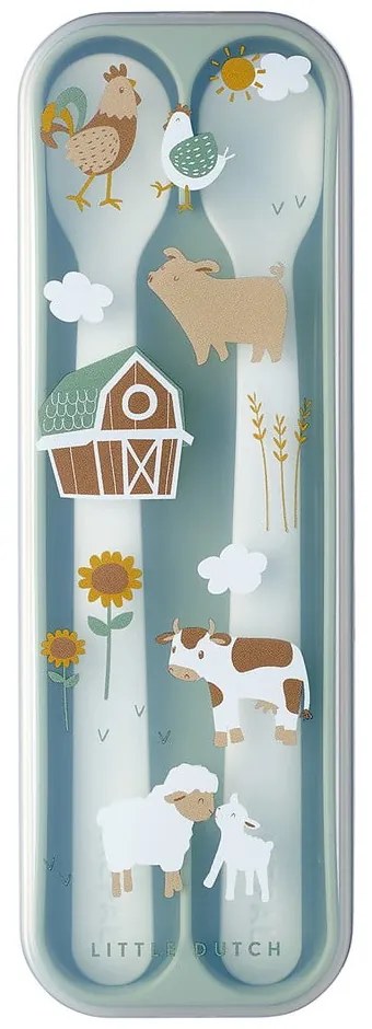 Biało-jasnozielone plastikowe łyżeczki dla dzieci zestaw 2 szt. Little farm – Mepal
