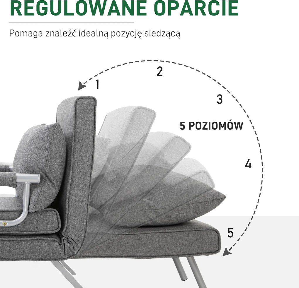 HOMCOM Fotel Rozkładany z funkcją spania Składany fotel sypialny Maksymalny udźwig: 100kg Pięciopozycyjna regulacja oparcia  Jasnoszary | Aosom PL