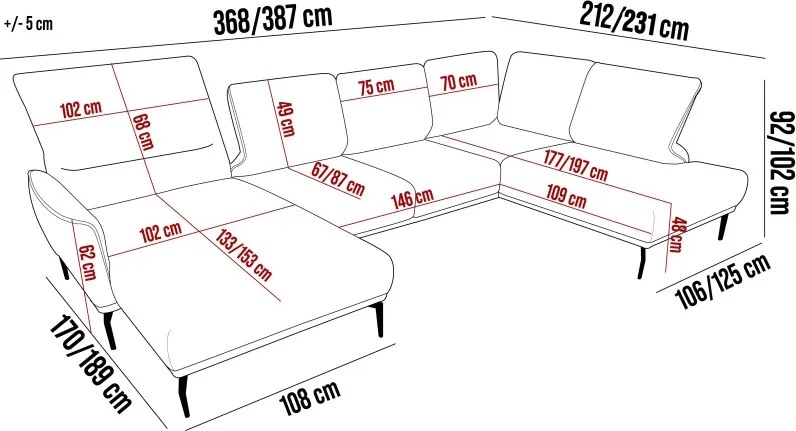 Narożnik STORM XL układ U z funkcją regulacji oparcia i wysuwu podnóżka WERSAL